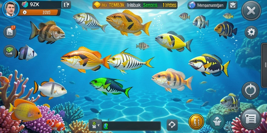 Tampak gameplay seru dari 9ZK dengan berbagai ikan yang siap ditangkap.