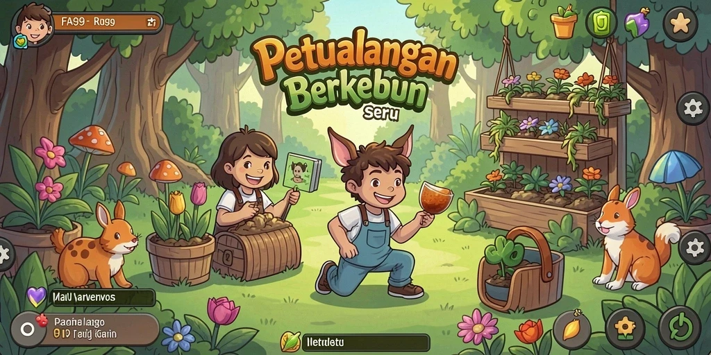 Skrinsyut utama FA99 menampilkan gameplay menarik berkebun.
