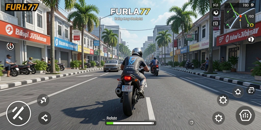 Gameplay FURLA77 menampilkan balapan motor yang intens dan kompetitif.