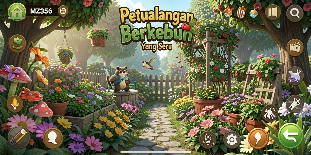 Screenshot gameplay MZ356 dengan tampilan pertanian yang hijau dan rimbun.