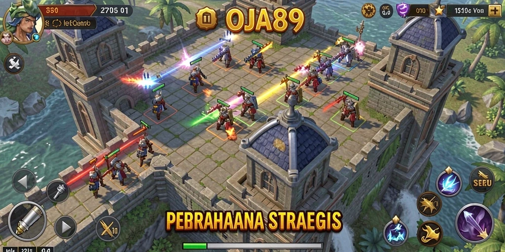 Gameplay OJA89 menunjukkan menara dan strategi pertempuran yang menegangkan.