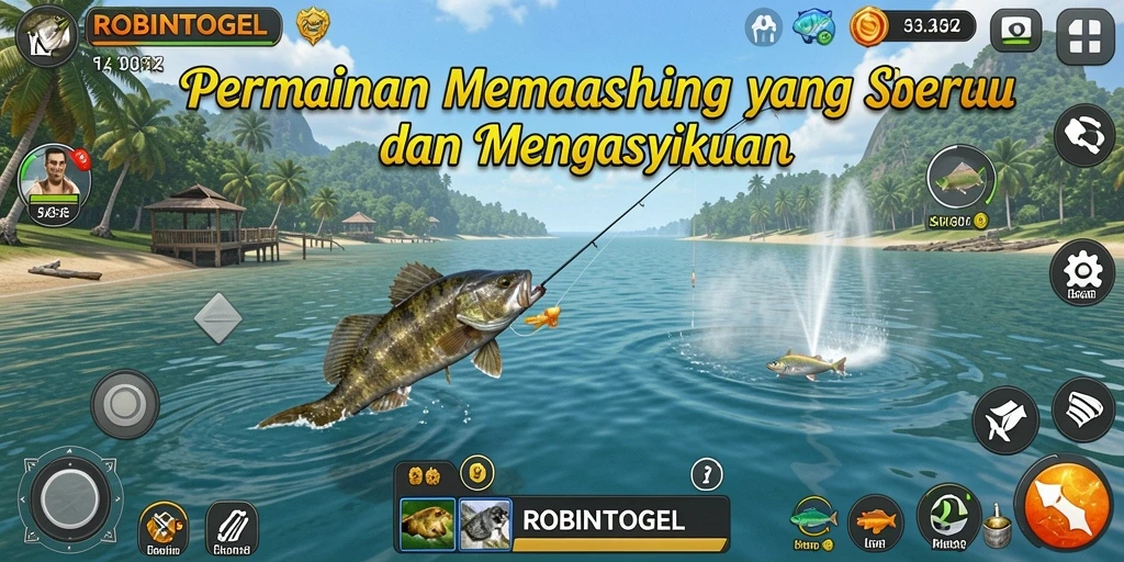Tampilan gameplay seru dalam ROBINTOGEL saat memancing ikan.
