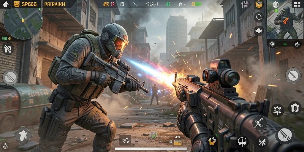 Screenshot utama menunjukkan aksi intens gameplay FPS di SP666.