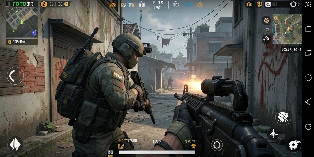 Screenshot gameplay TOTO313 menampilkan aksi tembak-menembak yang intens.